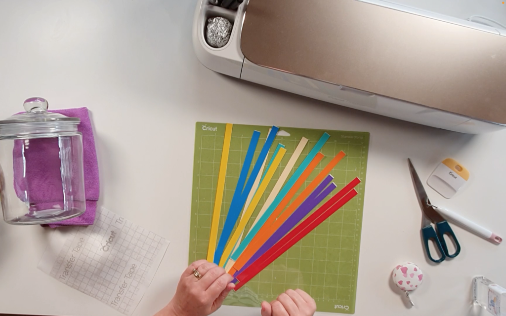 Showing all the different colours of vinyl cut into strips