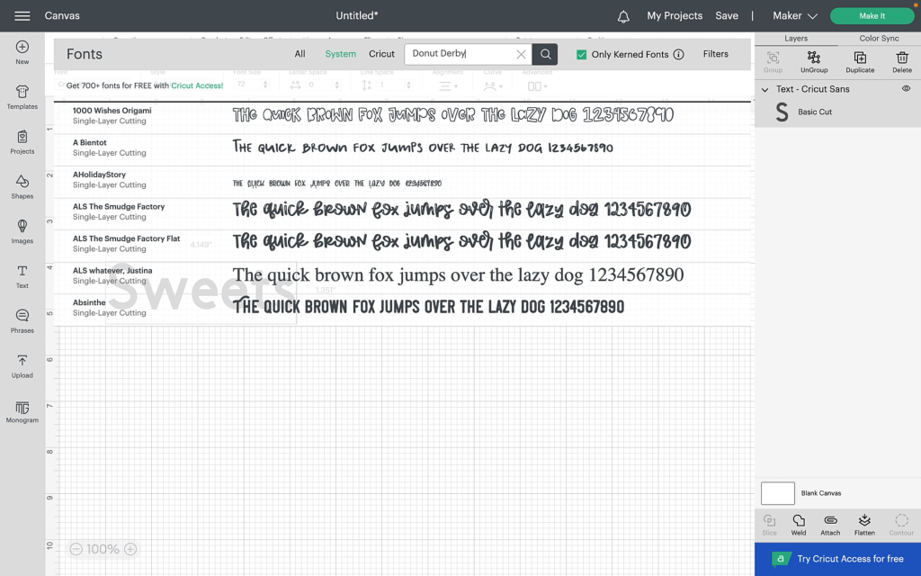 Design space showing all the font options