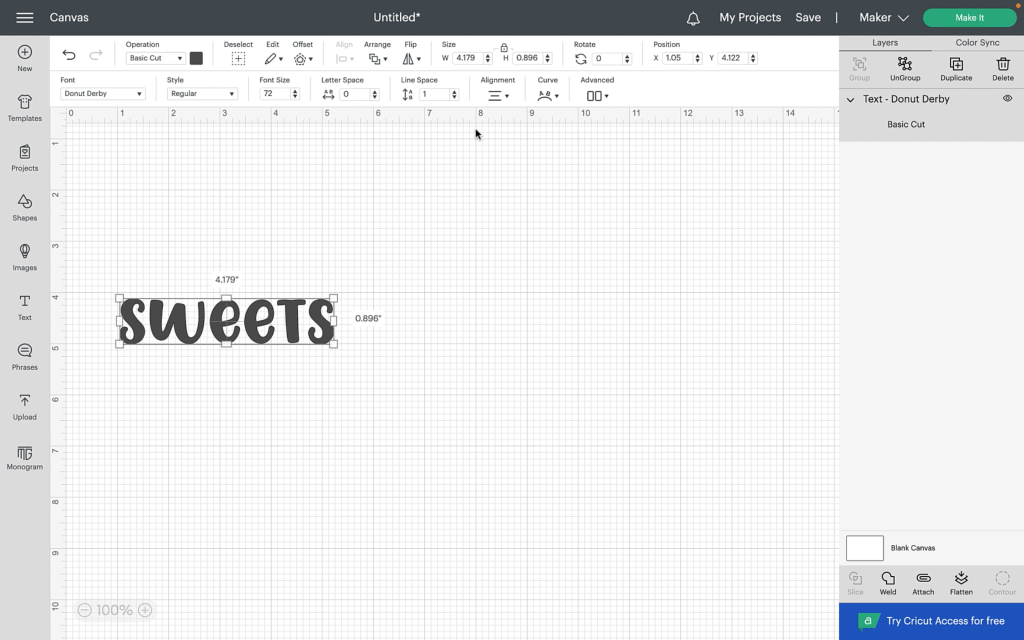The text sweets in the font Donut Derby