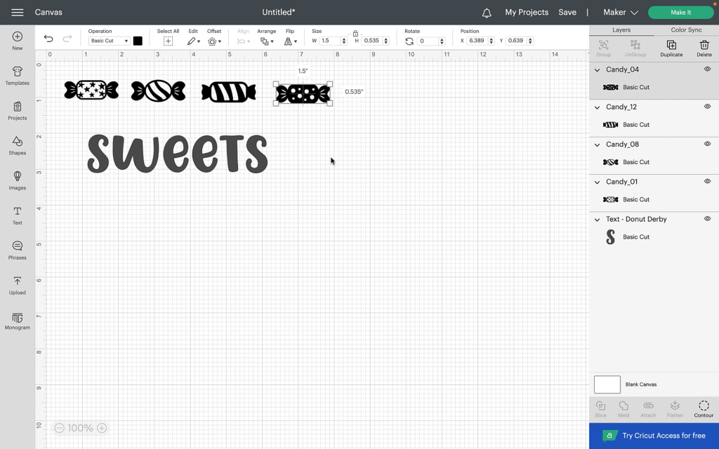 The design space screen showing the text sweets and a selection of sweets ready to be cut out