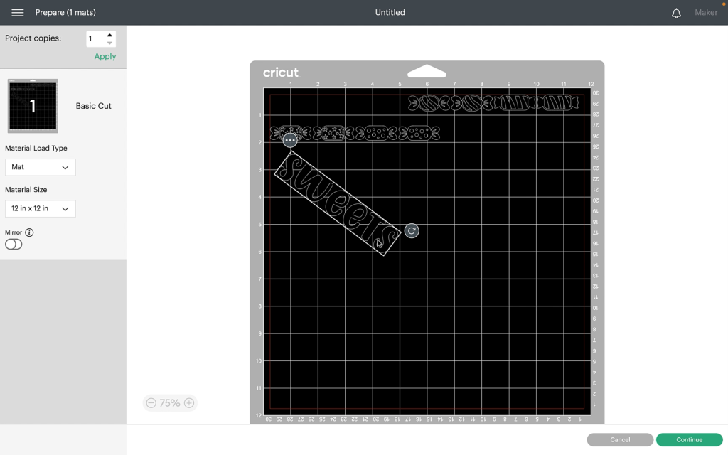 Showing the mat screen. I have slanted the word sweets downwards