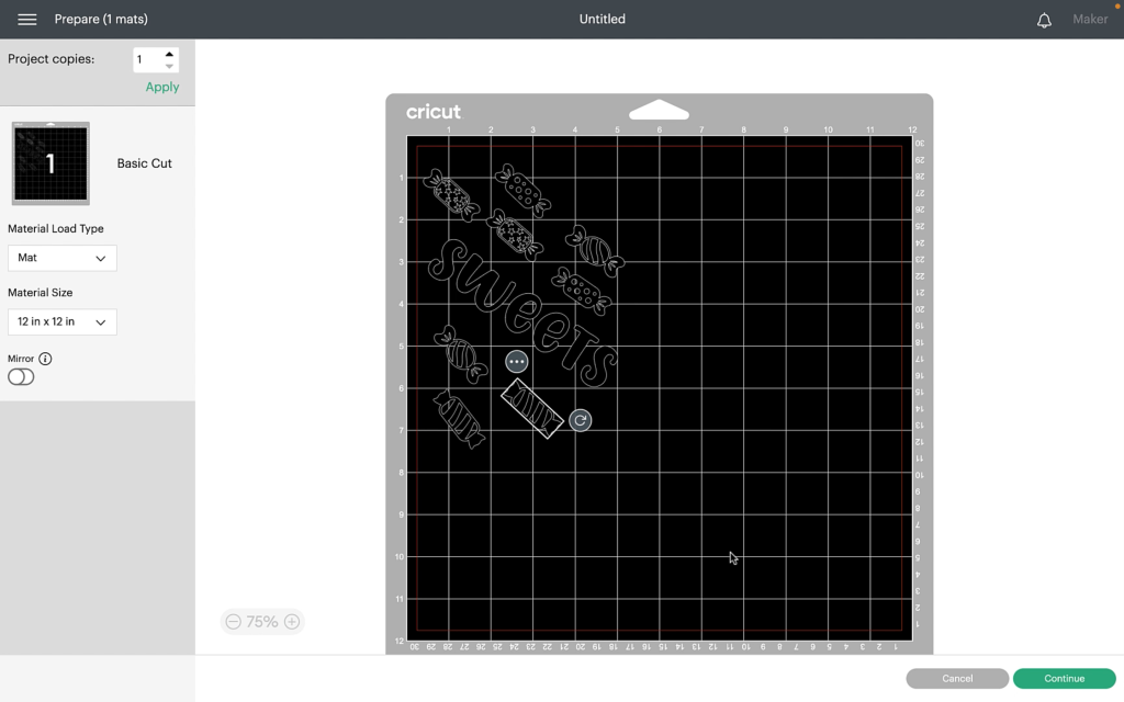 Showing the mat screen with the word sweets and all the images of the sweets slanted downwards