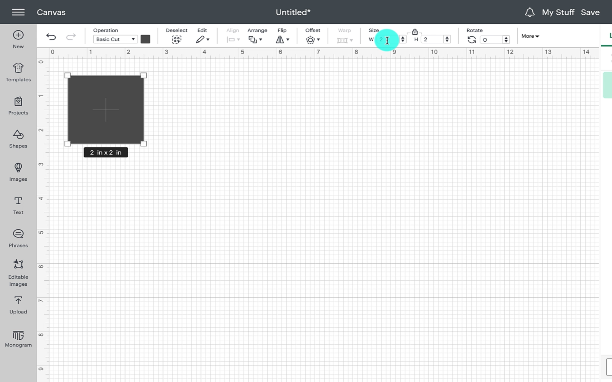Selecting a square shape in cricut design space.