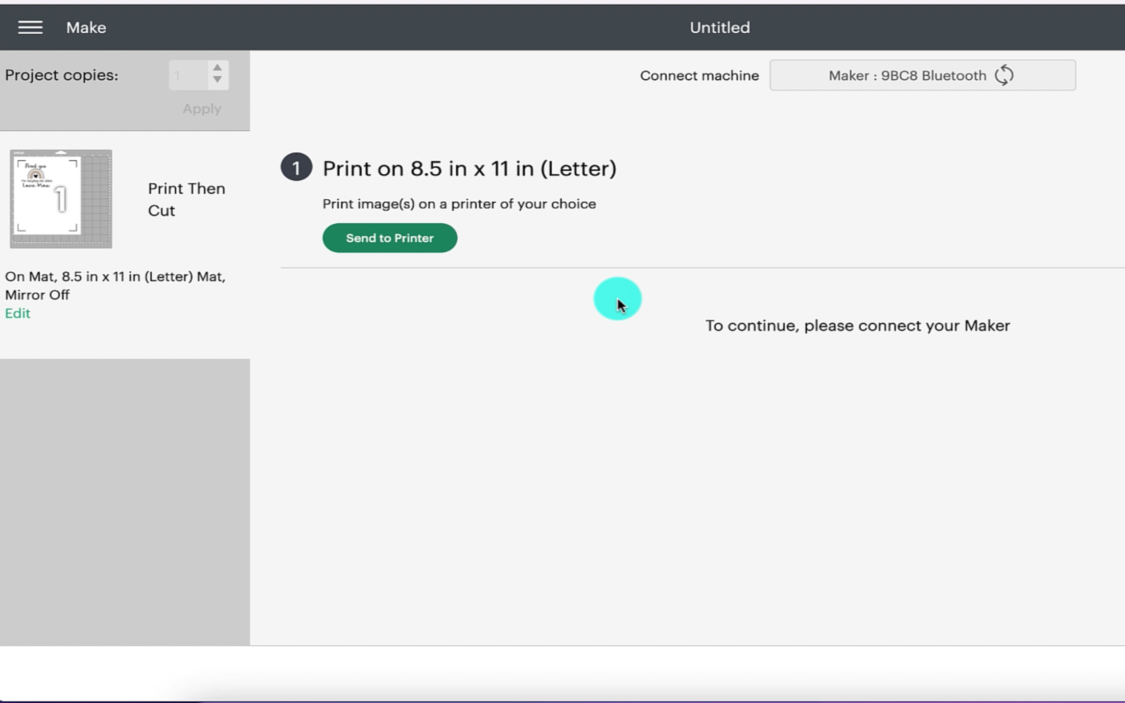 Cricut design space showing the size of the paper that it going to print on
