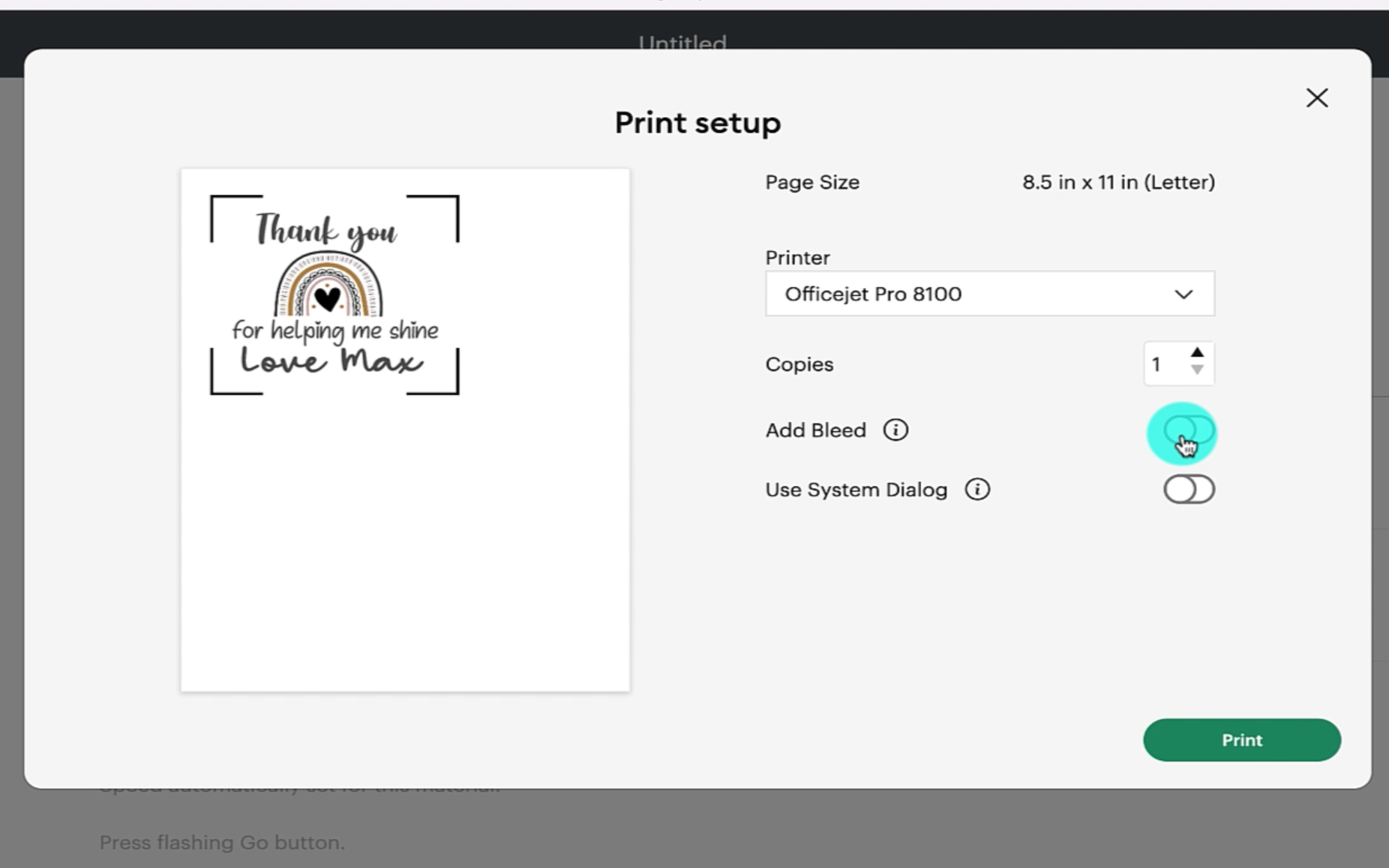 print setup page in cricut design space showing the printer and other printing options