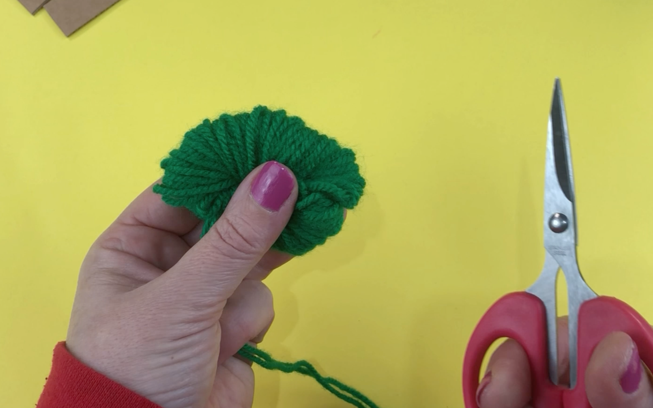 The tied green wool and some sharp scissors ready to be cut