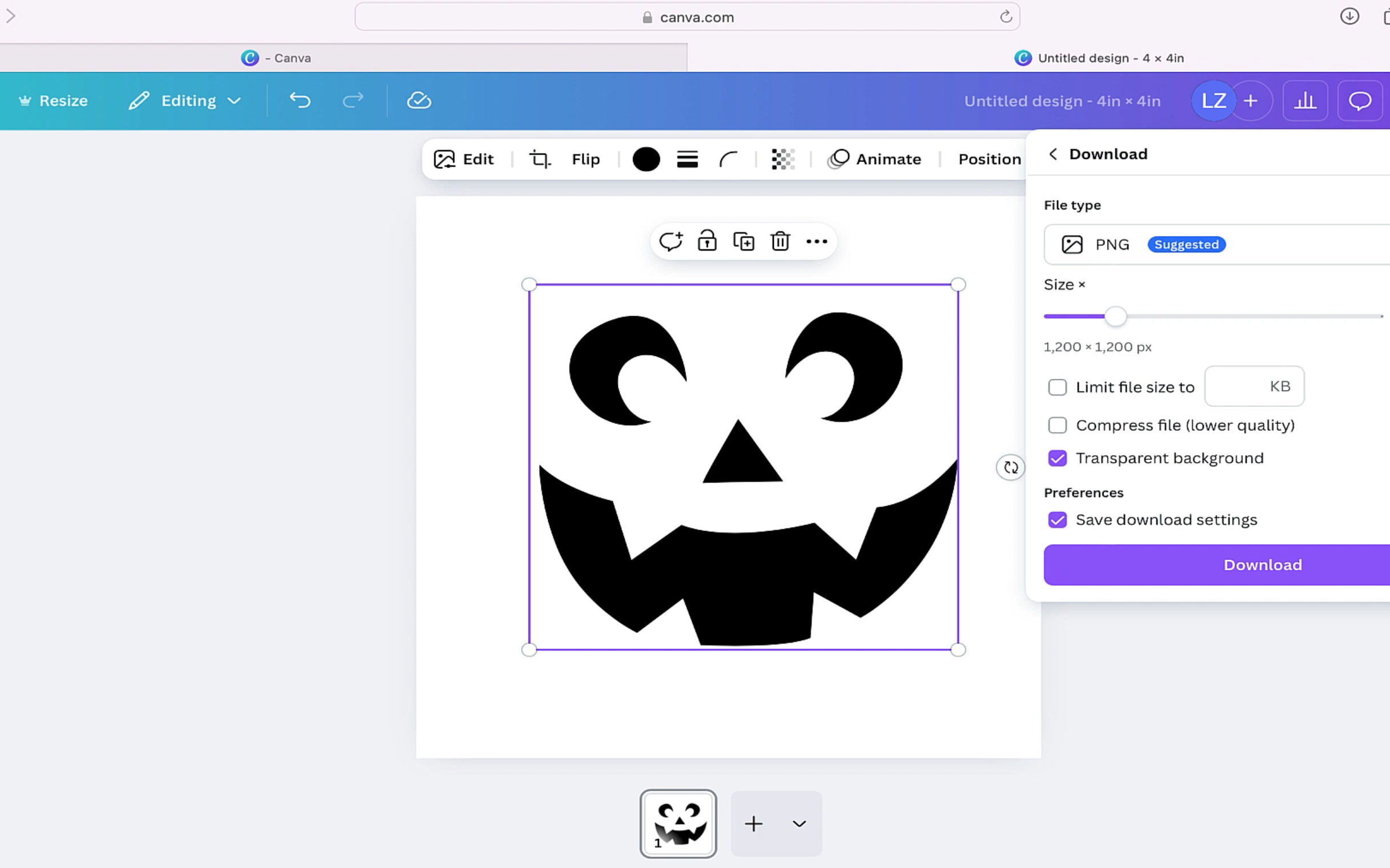 The ghost face i selected in canva. Also showing that i am downloading a PNG file with a transparent background.