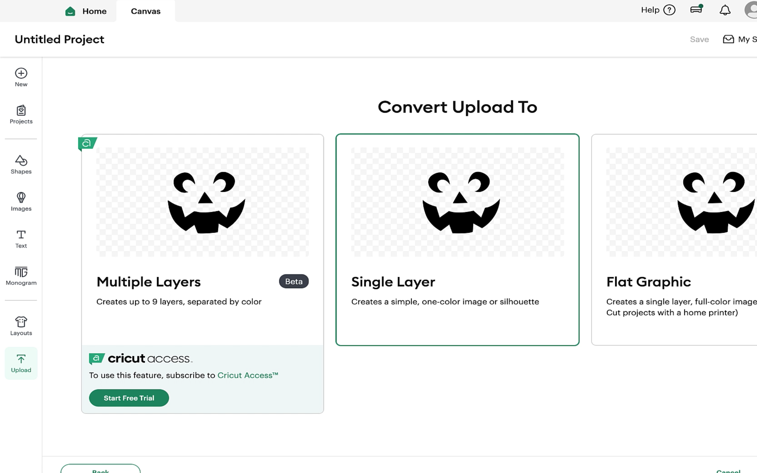 Cricut design space screen showing my ghost face and asking me to convert it. i selected single layer