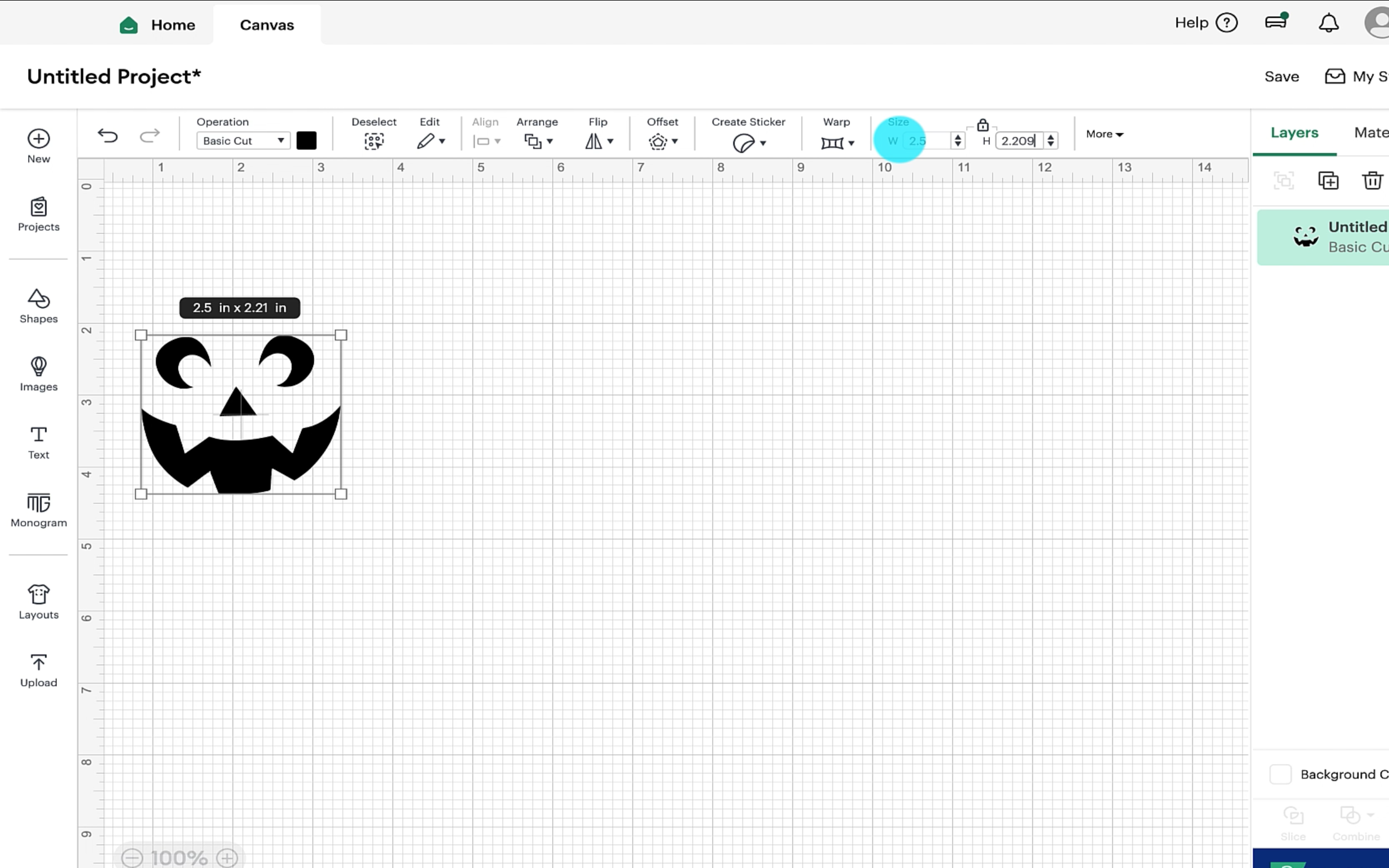 Showing the cricut design space canvas with my ghost face image on and the size being changed to match the size i measured