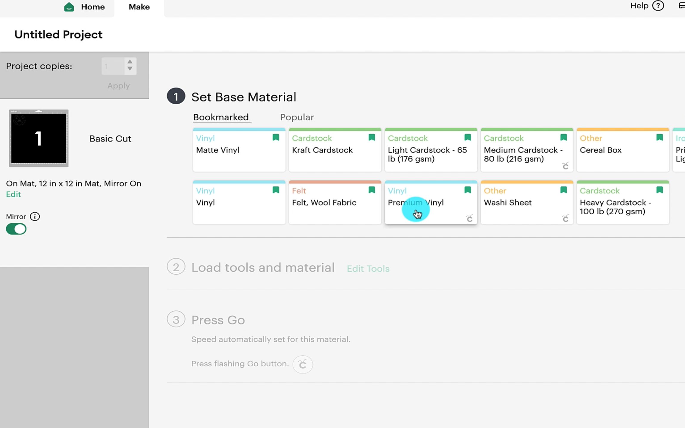 Cricut design space screen asking us to select the materials. I selected premium vinyl