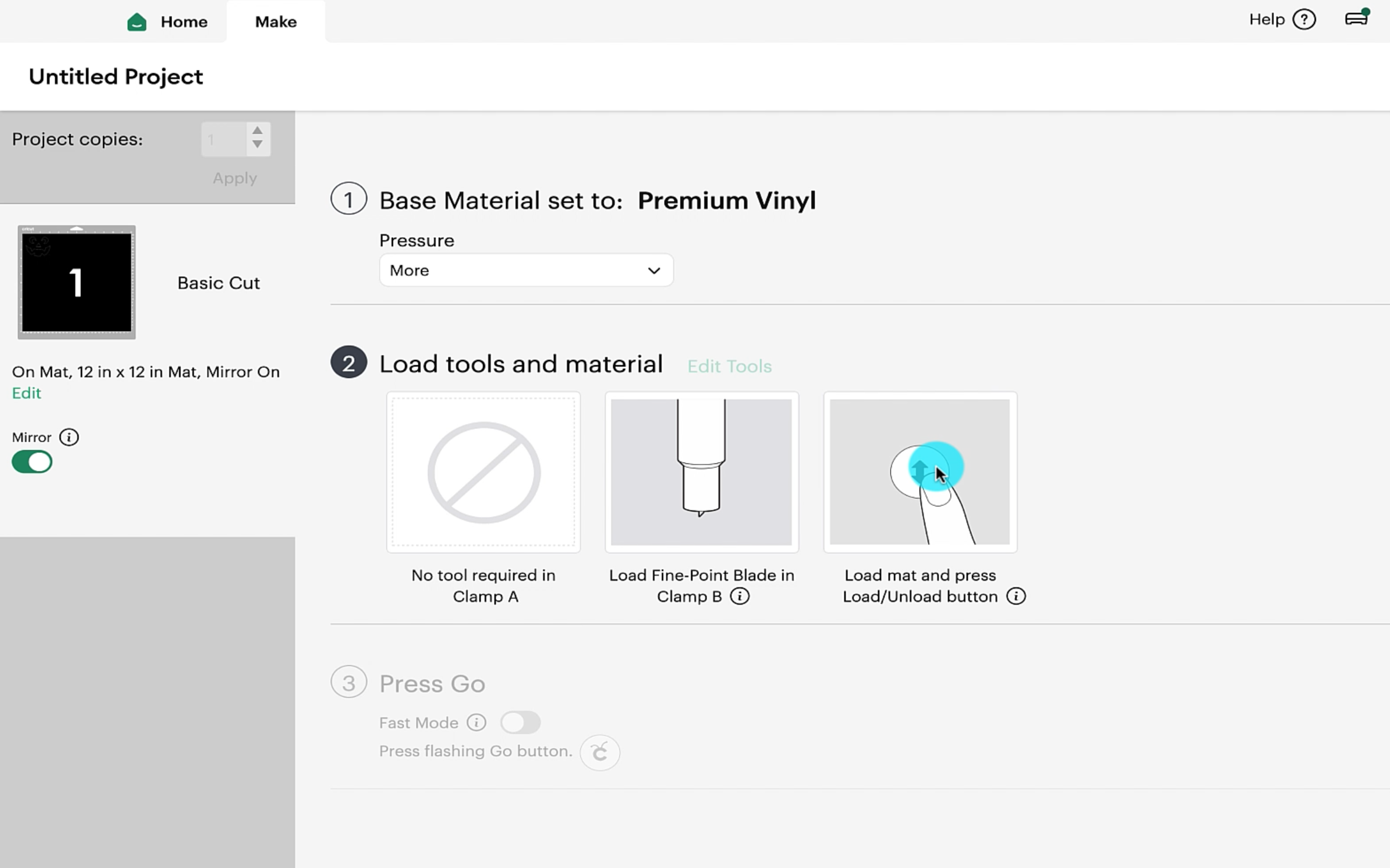 Cricut design space screen asking us to select the pressure. I set the pressure to be more