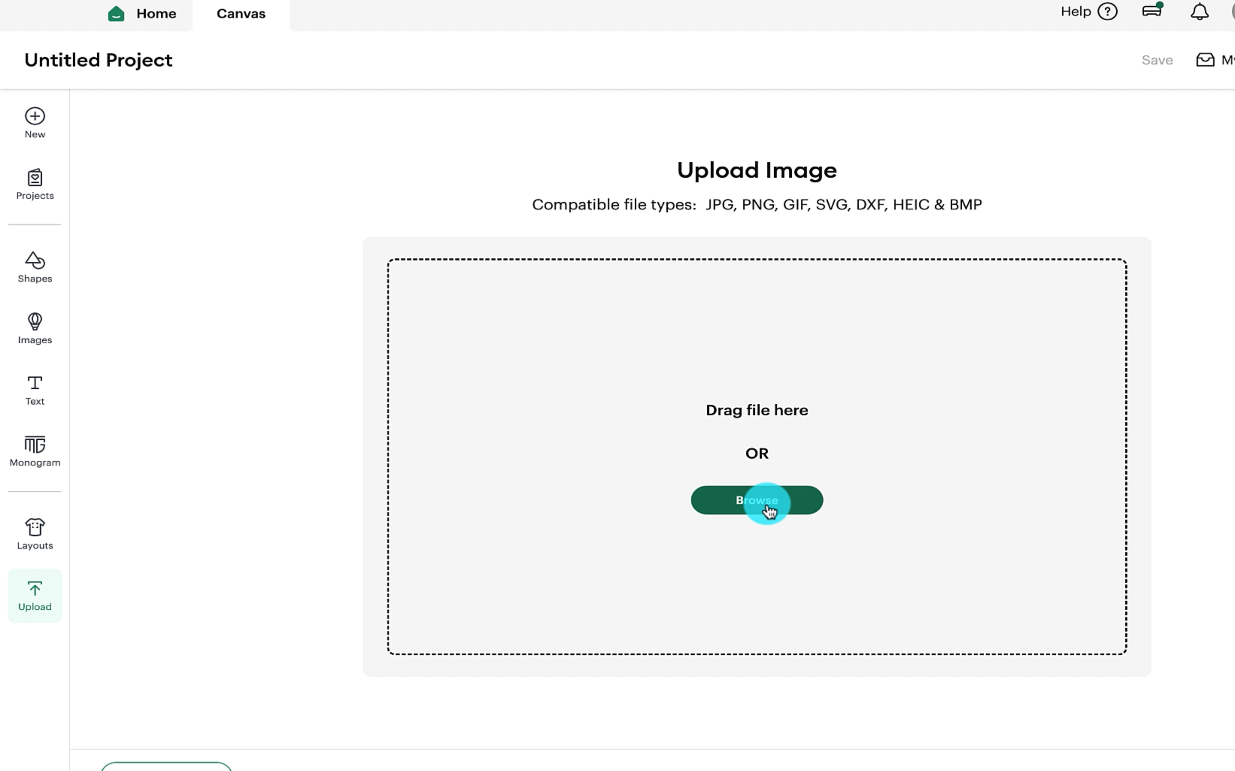 The cricut design space screen asking to upload an image
