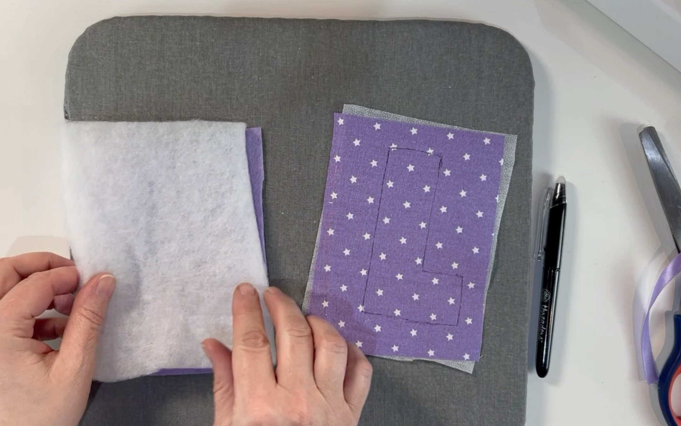 Placing all the layers back together, Back material, wadding and the front material