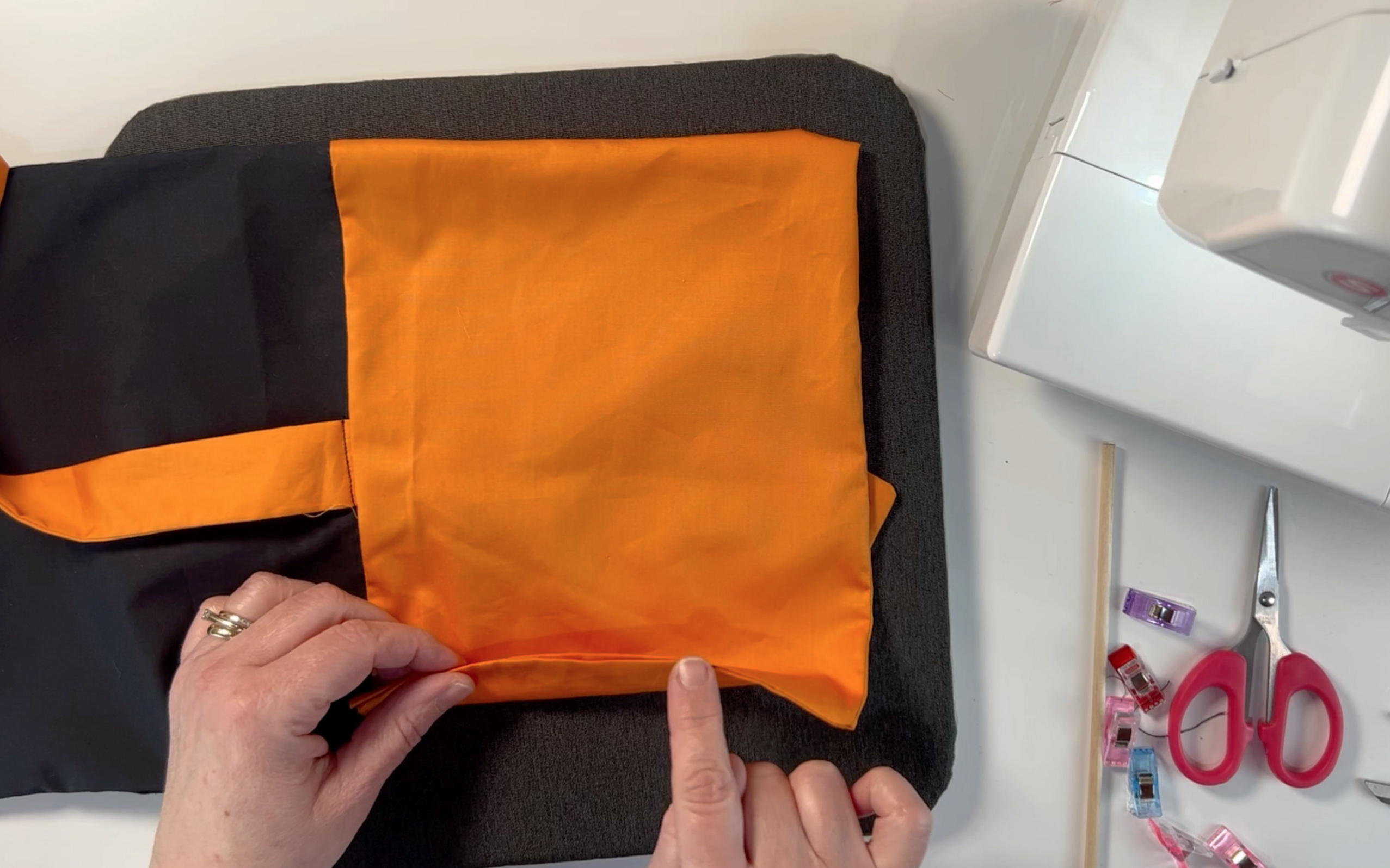 showing the gap in the lining material that needs to be sewn up
