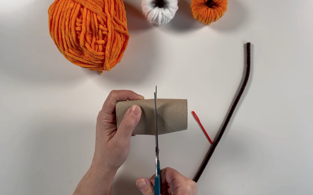 Cutting a toilet roll tube in half using some scissors